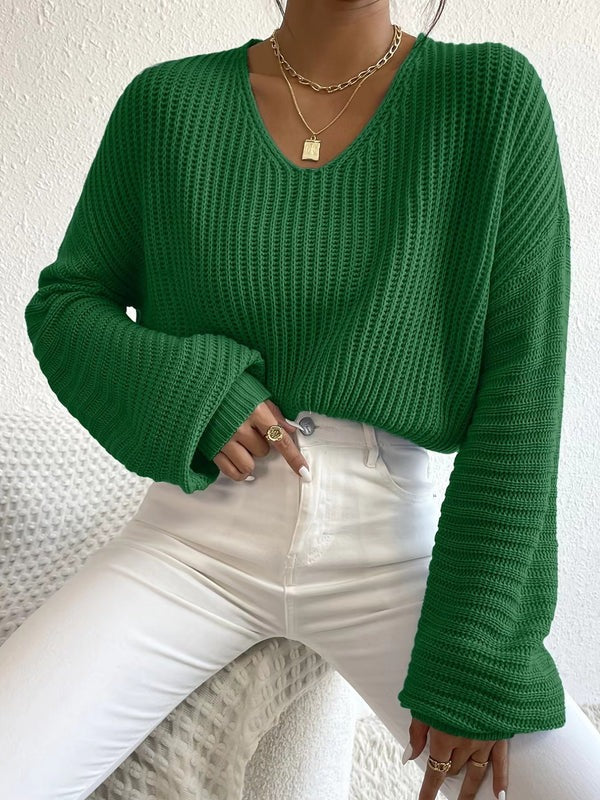 Elegante Damenkleidung | Bequeme Rippstrick Bluse V-Ausschnitt Langärmlig