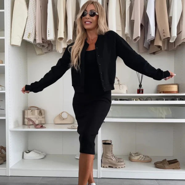 Elegante Strickjacke Mit Knöpfen Ärmelloses Kleid