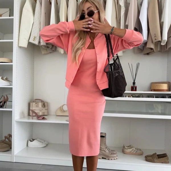 Elegante Strickjacke Mit Knöpfen Ärmelloses Kleid
