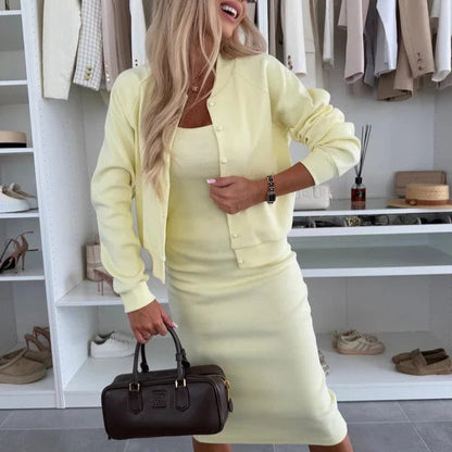 Elegante Strickjacke Mit Knöpfen Ärmelloses Kleid