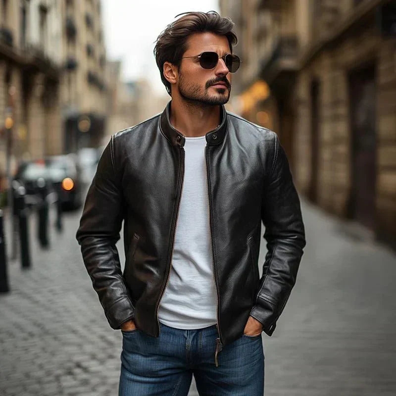 Slim Fit Lederjacke Stehkragen Reißverschluss - IdealeKleiden