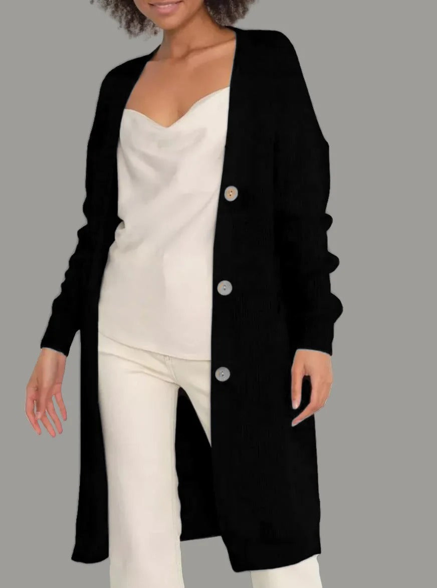 Lange Strickjacke Damen Weich Locke Schnitt mit Knöpfen und Taschen