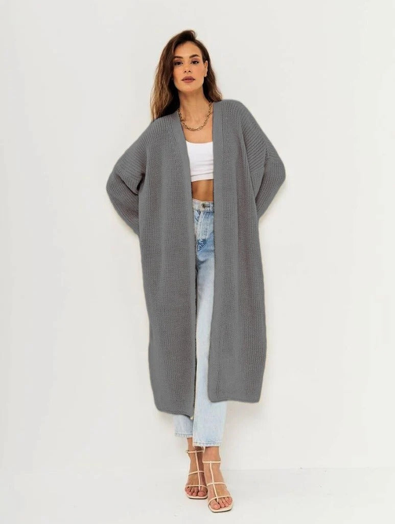 Lange Strickjacke Oversized Wollig Offener Vorderteil