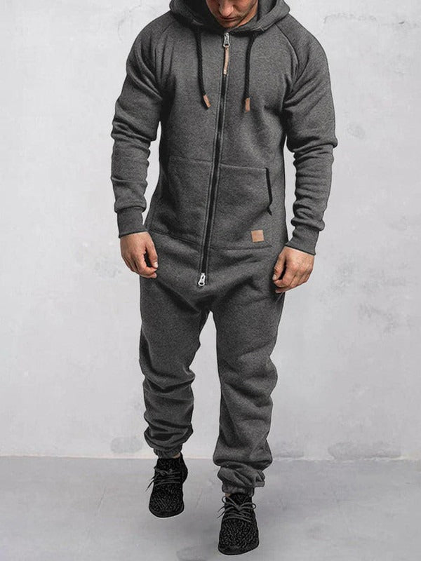 Lässige Fleece Jumpsuit Kapuze Reißverschluss Taschen