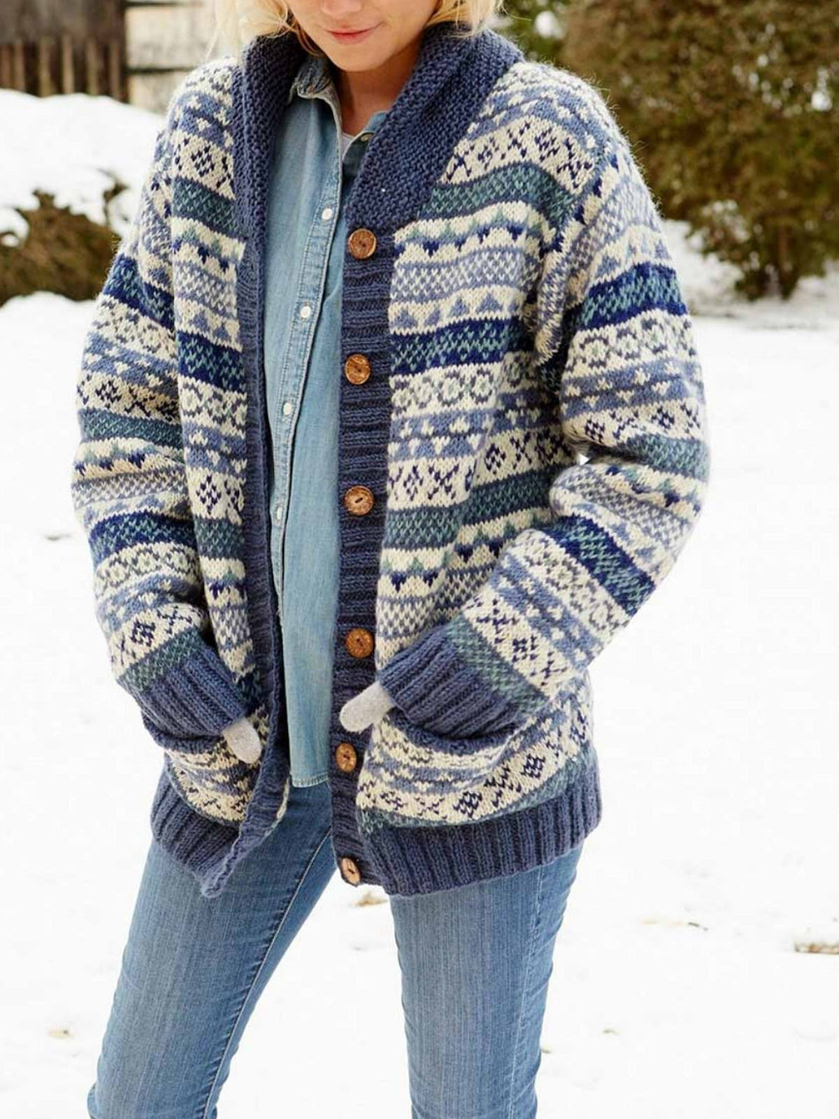 Wollstrickjacke Lässig Fair Isle Muster - IdealeKleiden