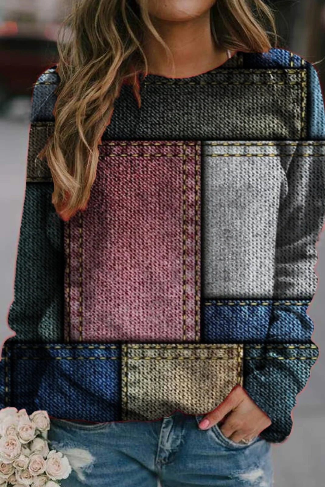 Gemütliches Kleid Relaxed Fit Lange Ärmel Patchwork Look - IdealeKleiden