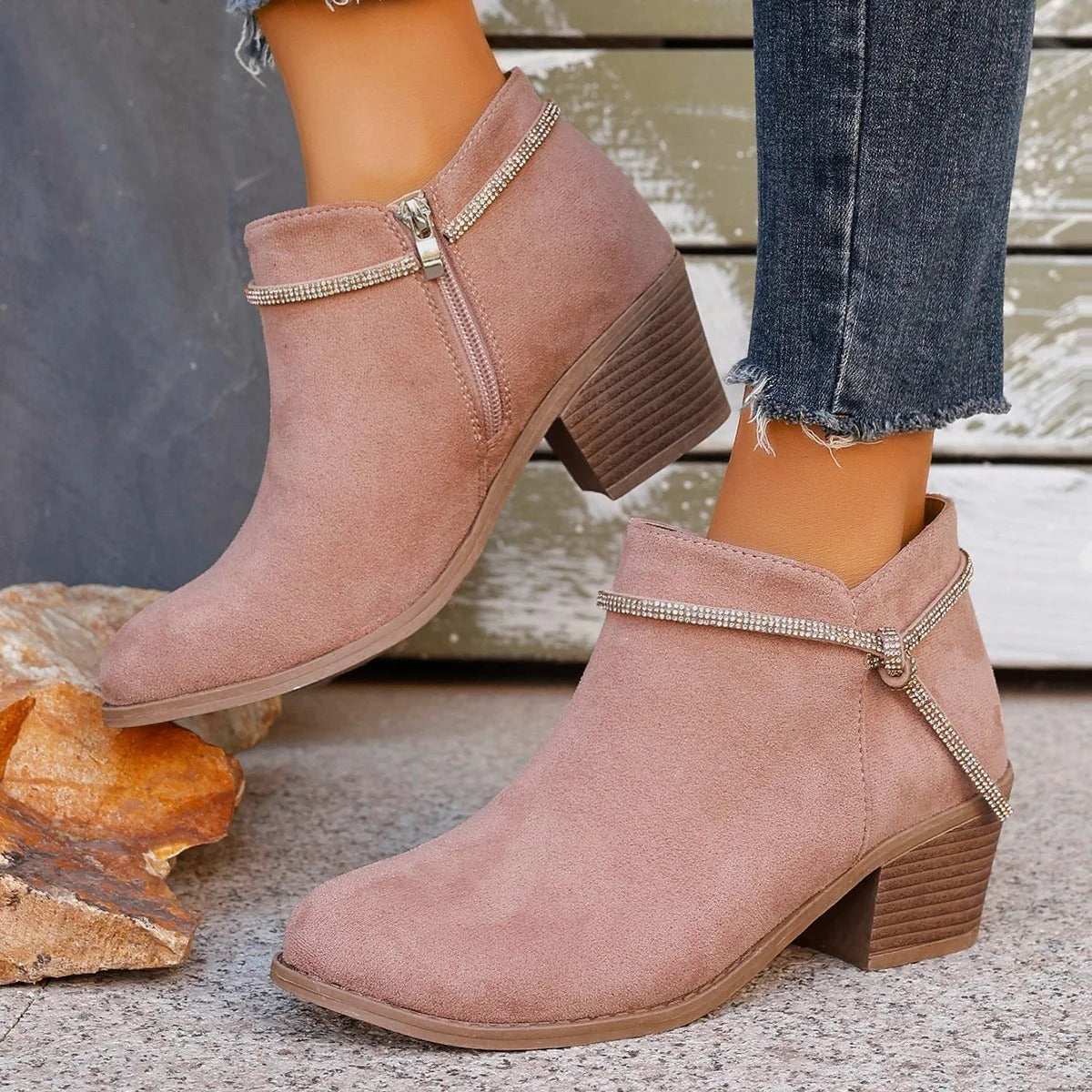 Stiefeletten Wildleder Optik Verstellbar Grober Absatz Reißverschluss