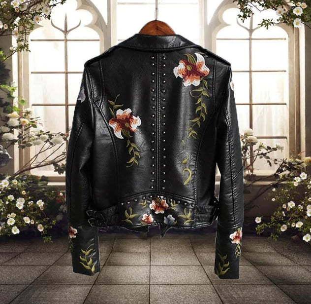 Bikerjacke Damen Elegant Floral Nieten Asymmetrisch - IdealeKleiden