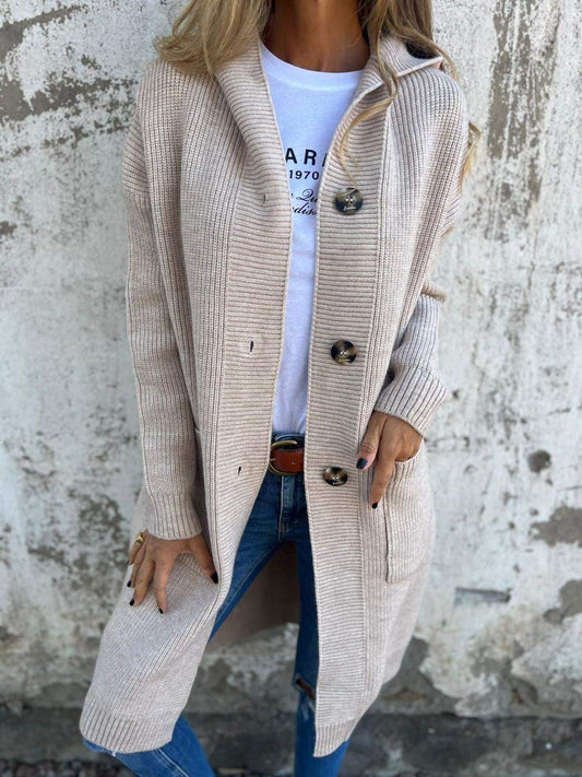 Langer Cardigan Offen mit Knöpfen & Taschen - IdealeKleiden