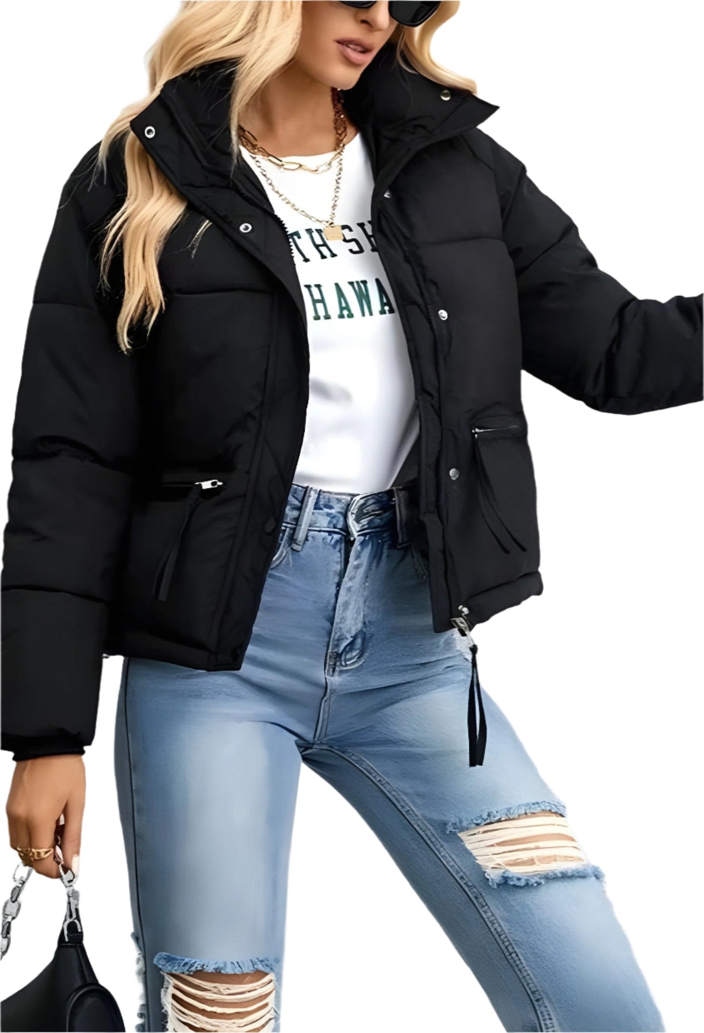Warme Damen Pufferjacke mit Reißverschluss und Hohem Kragen → Damen Winterjacke Warm Isoliert Modern