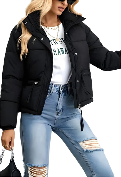 Warme Damen Pufferjacke mit Reißverschluss und Hohem Kragen → Damen Winterjacke Warm Isoliert Modern