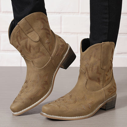 Westernstiefel Damen Bestickt Leder Spitz Knöchelhoehe Blockabsatz