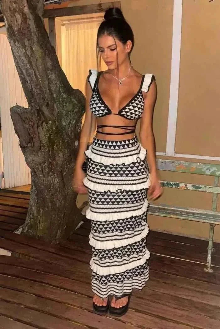 Schwarz-Weiß Strick-Zweiteiler Rüschen-Bikini - IdealeKleiden