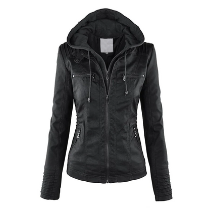 Stylische Lederjacke Damen Kapuzenmantel