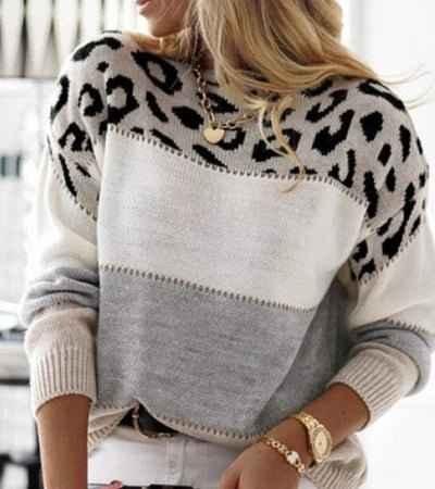 Damen Pullover Leopardenmuster Trendy Colorblock