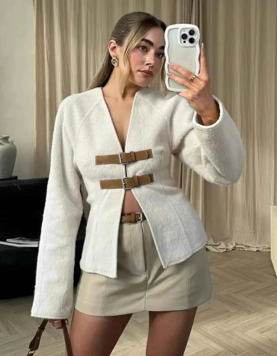Elegant Damen Strickcardigan Mit Schnallen