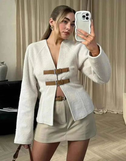 Elegant Damen Strickcardigan Mit Schnallen