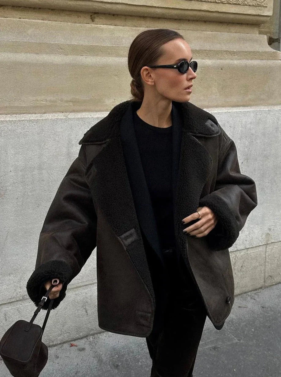 Stylische Faux-Schafwoll-Jacke Motorrad-Look