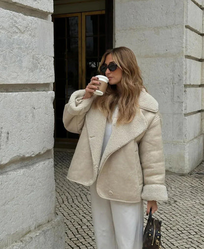 Stylische Faux-Schafwoll-Jacke Motorrad-Look