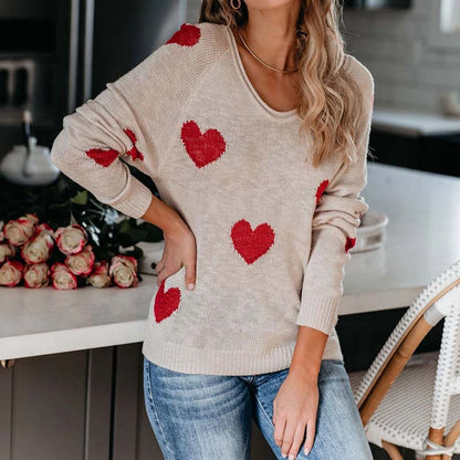 Damen Strickpullover Herz Muster Eleganz
