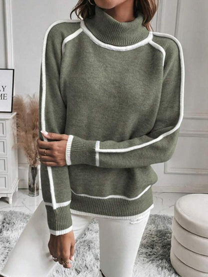 Feinstrick Pullover Damen Rollkragen Kontrast