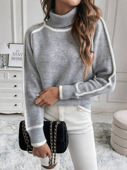 Feinstrick Pullover Damen Rollkragen Kontrast - IdealeKleiden