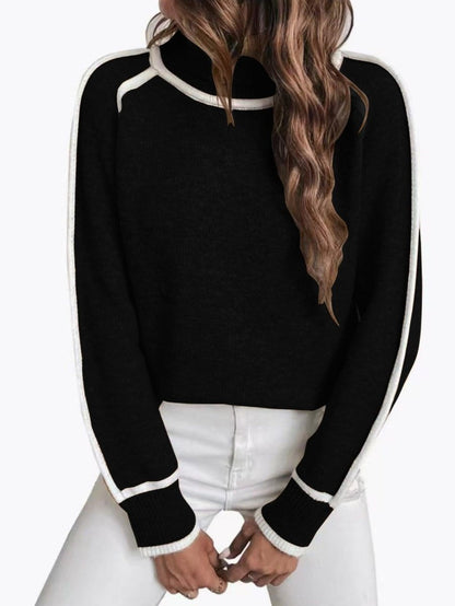 Feinstrick Pullover Damen Rollkragen Kontrast
