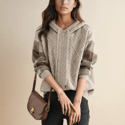 Große Strickhoodie Damen Oversize Zopf Muster