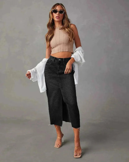 Moderner Damen Jeansrock Hochwerder mit Schlitz