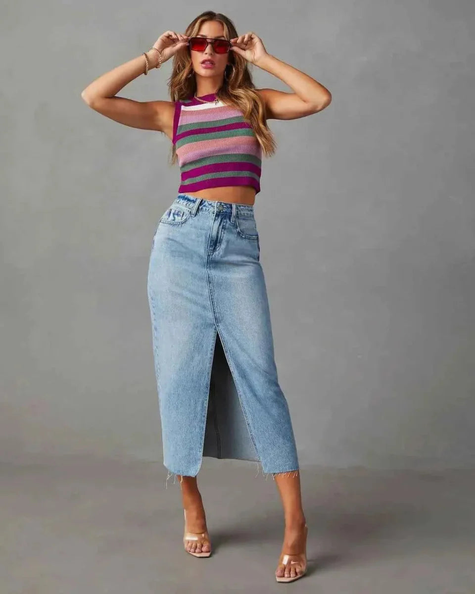Moderner Damen Jeansrock Hochwerder mit Schlitz - IdealeKleiden