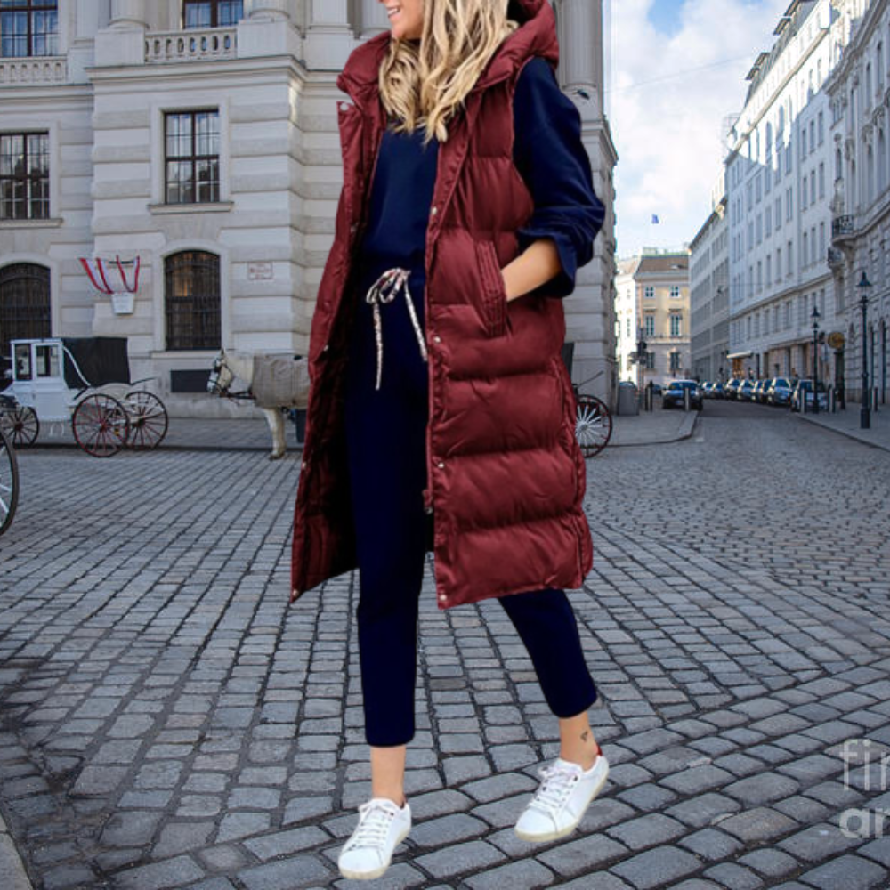 Langer Daunen-Bodywarmer Kapuze und Taschen