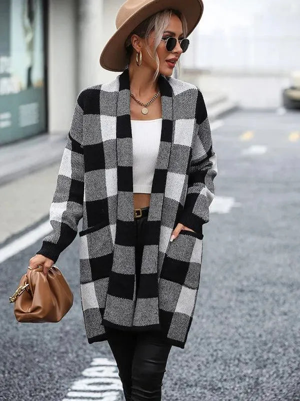 Modische Strickjacke Karomuster Frauenpullover