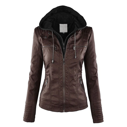 Elegante Damen Lederjacke Kapuze Style