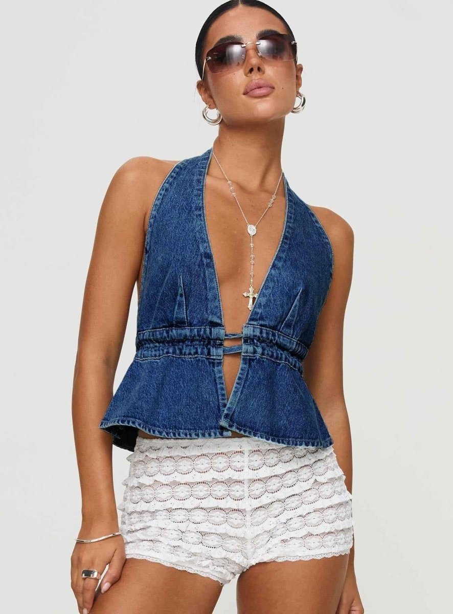 Bauchfreies Damen-Top mit V-Ausschnitt und Taillenband