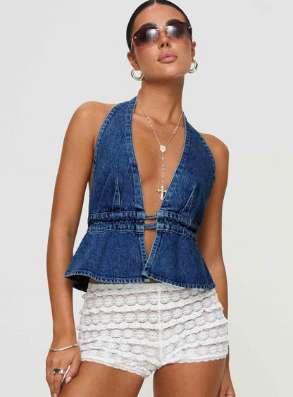 Bauchfreies Damen-Top mit V-Ausschnitt und Taillenband