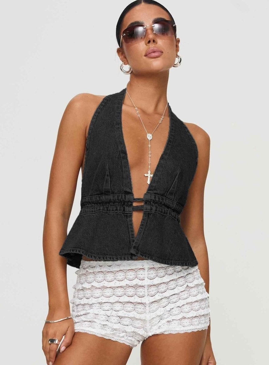 Bauchfreies Damen-Top mit V-Ausschnitt und Taillenband