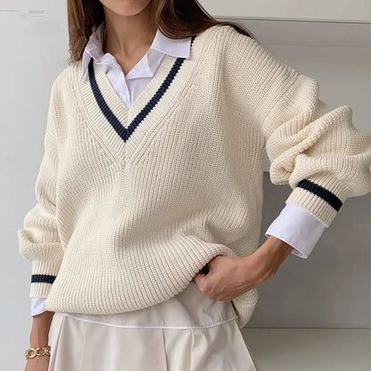 Elegante Damen Strickpullover V-Ausschnitt Modern
