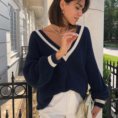 Elegante Damen Strickpullover V-Ausschnitt Modern