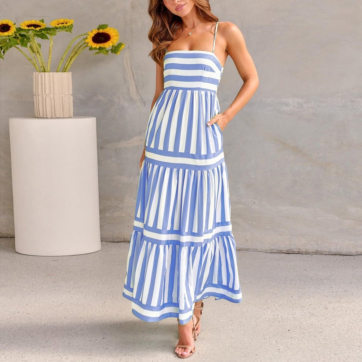 Meerblau Maxi-Sommerkleid Streifen Spitzenrock