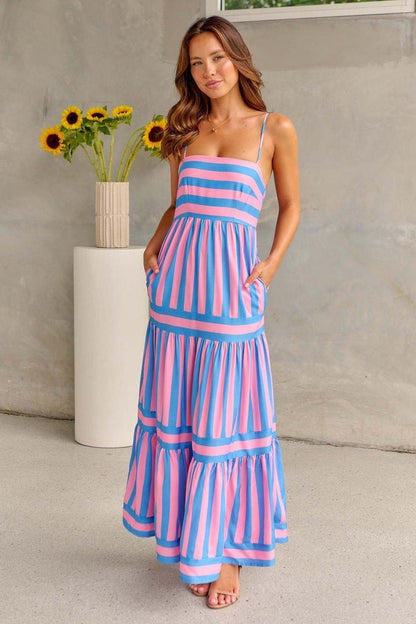 Meerblau Maxi-Sommerkleid Streifen Spitzenrock