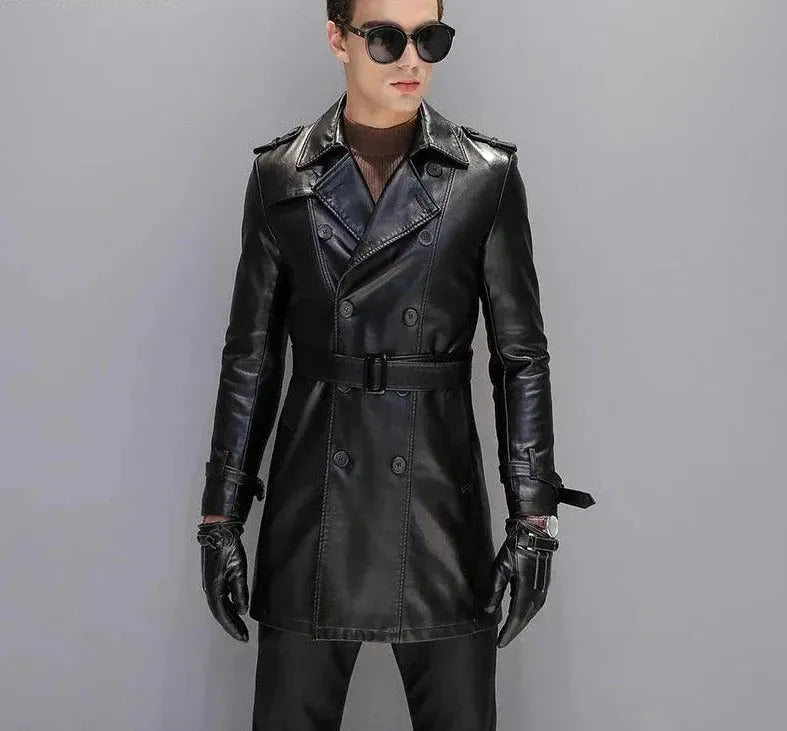 Herren Leder-Trenchcoat Elegant Schwarz