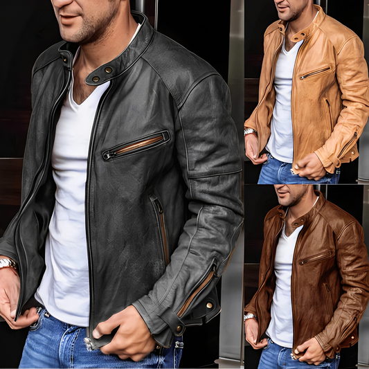Herren Lederjacke Vintage Style Stehkragen - IdealeKleiden