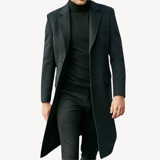 Herren Wollmantel Elegant Lang Schwarz - IdealeKleiden