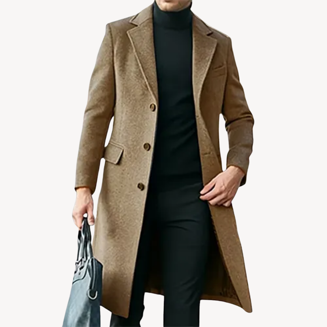 Herren Wollmantel Elegant Lang Schwarz