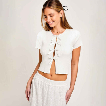 Frauen Top Kurzarm mit Satin Bändern