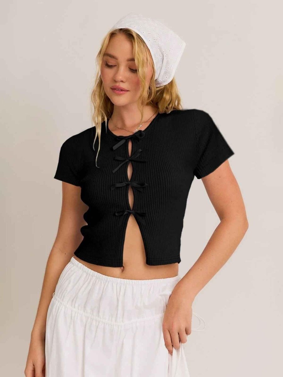 Frauen Top Kurzarm mit Satin Bändern