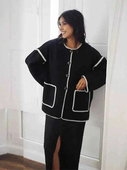 Damen Strickjacke Modern mit Knöpfen und Kontrastnähten