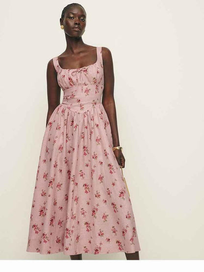 Romantisches Midikleid Damen Vintage Stil Baumwolle