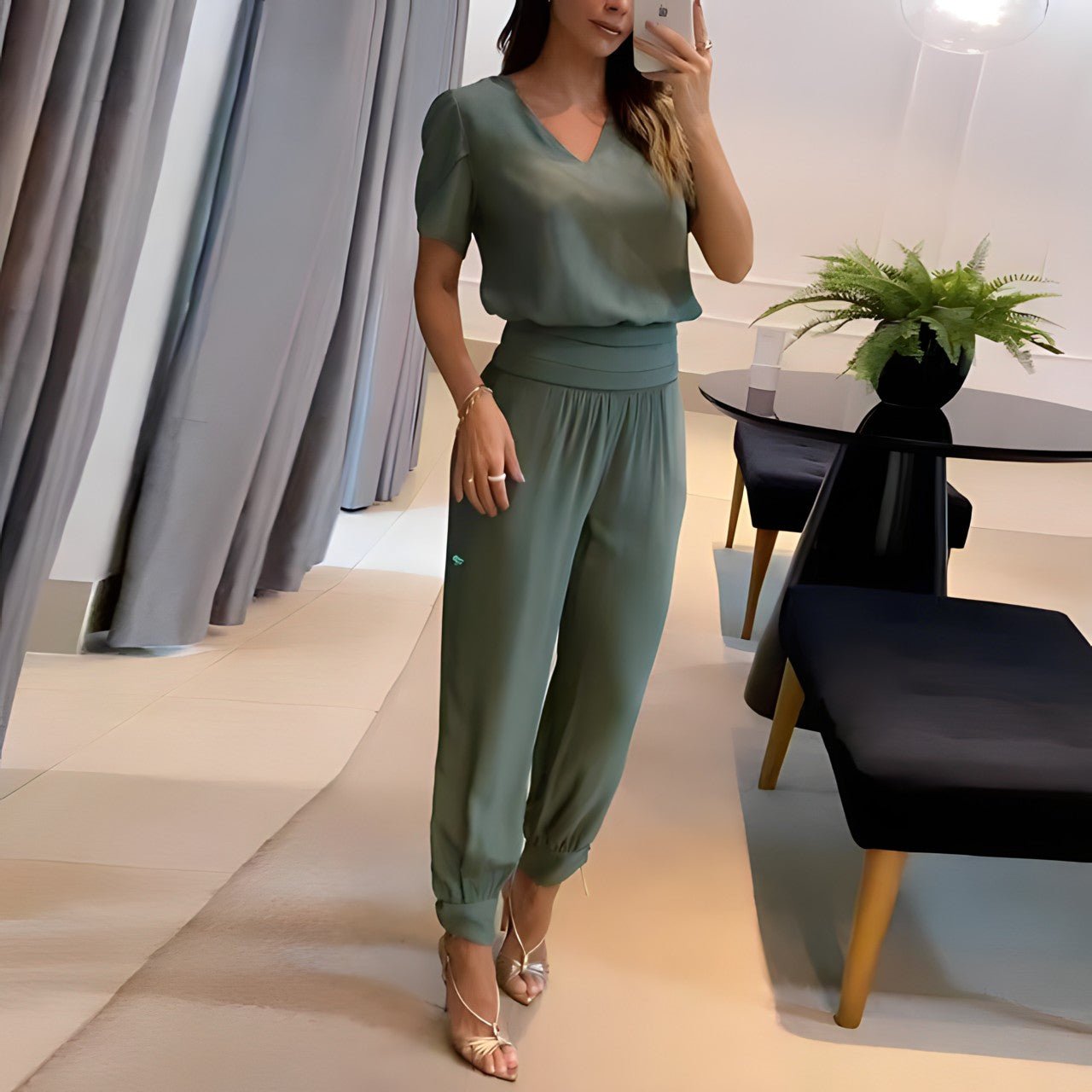 Damen Hosen-Set V-Ausschnitt Gemustert Stylish