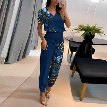 Damen Hosen-Set V-Ausschnitt Gemustert Stylish